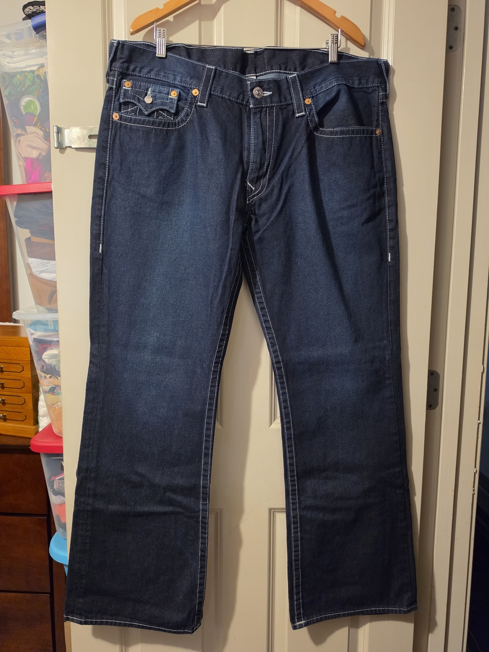 True Religion Men’s Dark Blue Bootcut Jeans with Contrast Stitching